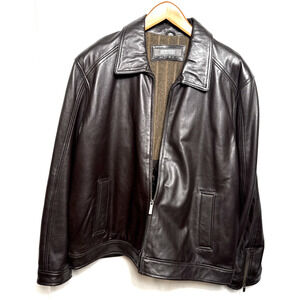 Men's Brown Leather Bomber Jacket G-III Size XXL Full Zip Wool Lining Classic